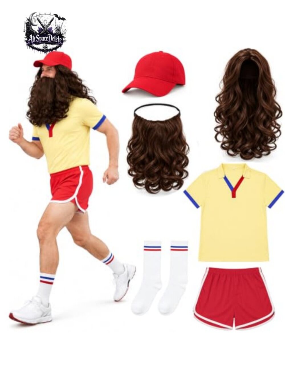 Adult 70s Runner Halloween Costume Set with Wig Beard Hat Polo Shorts